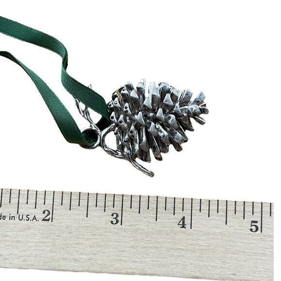 J. Jill Shimmering Pine Cone Ornament Green Ribbon Silver Tone Metal Holiday - Picture 3 of 4